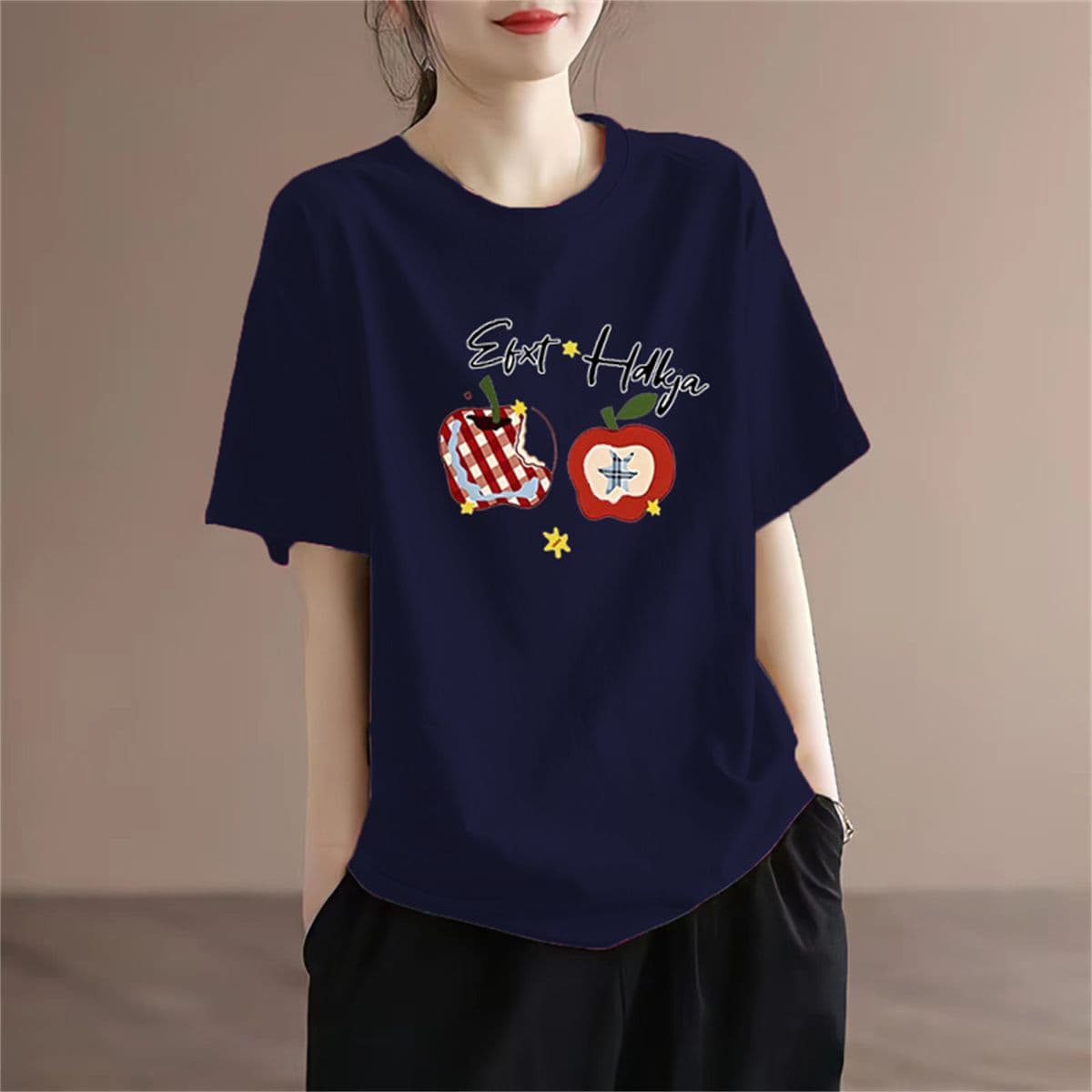 2026 여름 새로운 순면 티셔츠 여성 루즈핏 국가 트렌디 패션 프린트 다용도 라운드 넥 반팔 티셔츠 트렌디 상세 이미지 4