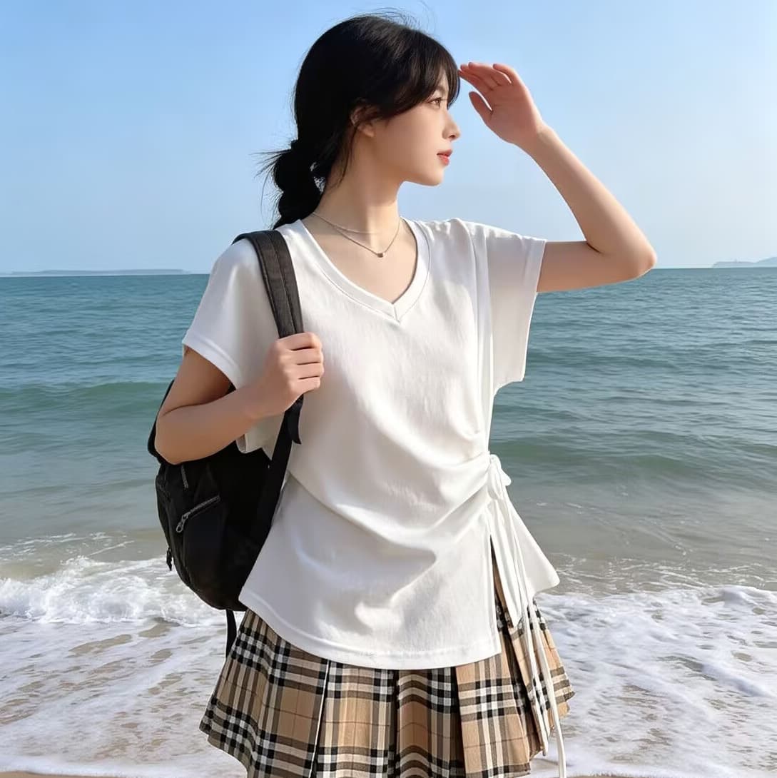 순면 한국 스타일 V넥 루즈핏 스트랩 펌프 로프 소금 부서 허리 수축 디자인 티셔츠 슬림해 보이는 다용도 반팔 여름 맨위 트렌디 상세 이미지 1