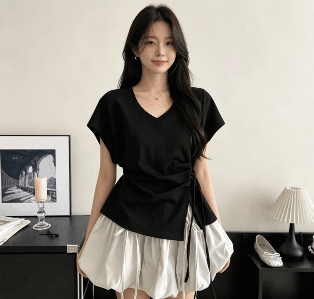 순면 한국 스타일 V넥 루즈핏 스트랩 펌프 로프 소금 부서 허리 수축 디자인 티셔츠 슬림해 보이는 다용도 반팔 여름 맨위 트렌디 상세 이미지 2