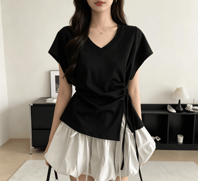 순면 한국 스타일 V넥 루즈핏 스트랩 펌프 로프 소금 부서 허리 수축 디자인 티셔츠 슬림해 보이는 다용도 반팔 여름 맨위 트렌디 상세 이미지 3