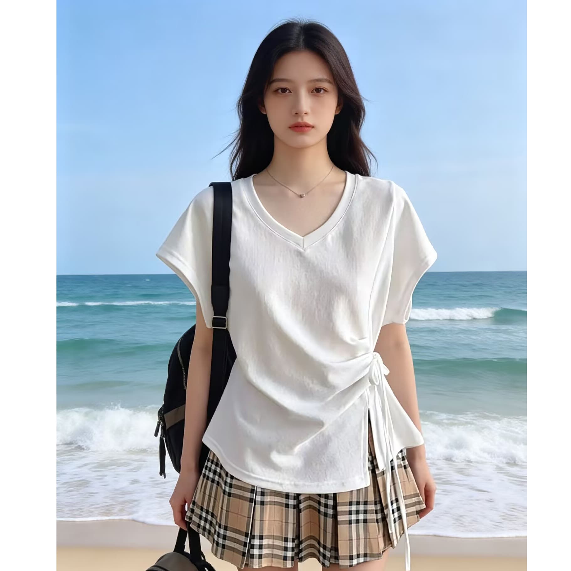 순면 한국 스타일 V넥 루즈핏 스트랩 펌프 로프 소금 부서 허리 수축 디자인 티셔츠 슬림해 보이는 다용도 반팔 여름 맨위 트렌디 상세 이미지 4