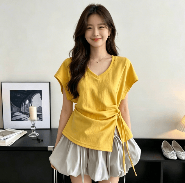 순면 한국 스타일 V넥 루즈핏 스트랩 펌프 로프 소금 부서 허리 수축 디자인 티셔츠 슬림해 보이는 다용도 반팔 여름 맨위 트렌디 상세 이미지 6