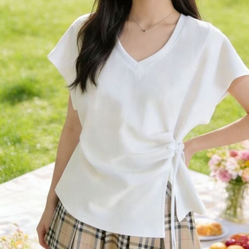 순면 한국 스타일 V넥 루즈핏 스트랩 펌프 로프 소금 부서 허리 수축 디자인 티셔츠 슬림해 보이는 다용도 반팔 여름 맨위 트렌디 상세 이미지 7