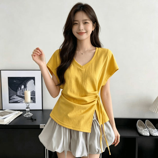 순면 한국 스타일 V넥 루즈핏 스트랩 펌프 로프 소금 부서 허리 수축 디자인 티셔츠 슬림해 보이는 다용도 반팔 여름 맨위 트렌디 상세 이미지 8