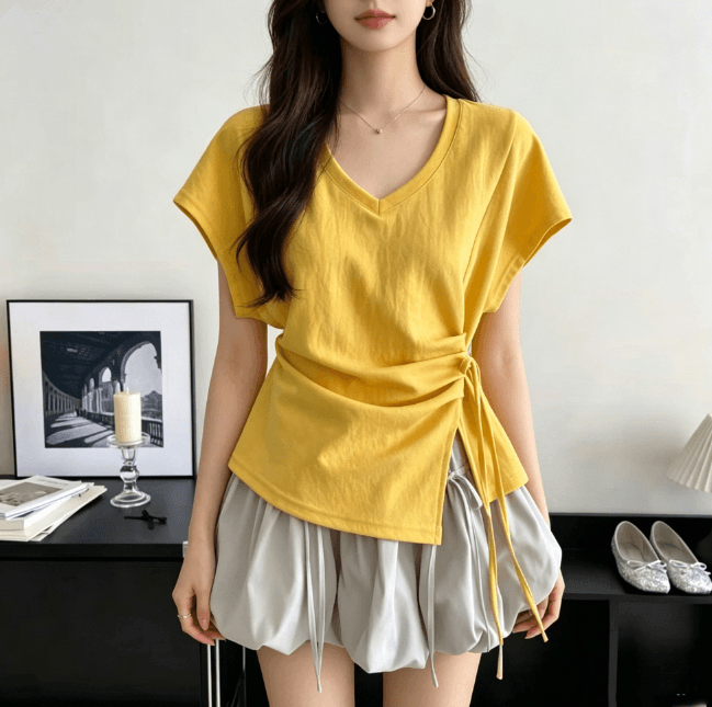 순면 한국 스타일 V넥 루즈핏 스트랩 펌프 로프 소금 부서 허리 수축 디자인 티셔츠 슬림해 보이는 다용도 반팔 여름 맨위 트렌디 상세 이미지 13