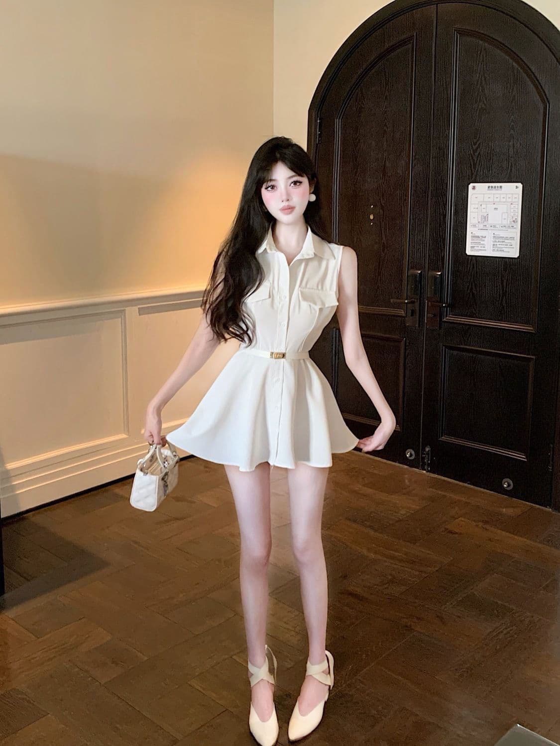 여름 2026 프랑스식 POLO 칼라 자매 바람 디자인 센스 민소매 허리 수축 슬림해 보이는 셔츠 드레스 벨트 포함 상세 이미지 10