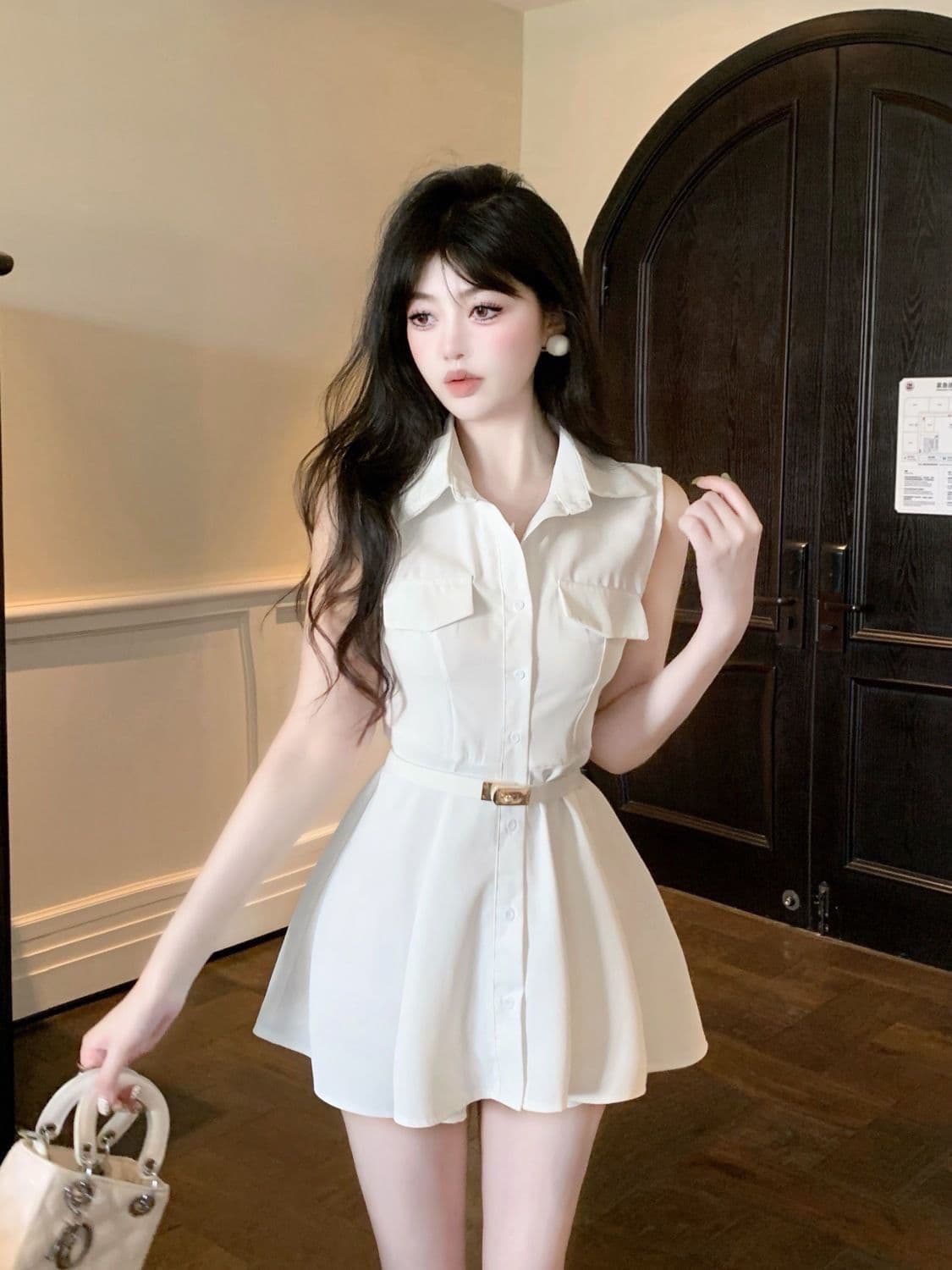 여름 2026 프랑스식 POLO 칼라 자매 바람 디자인 센스 민소매 허리 수축 슬림해 보이는 셔츠 드레스 벨트 포함 상세 이미지 12