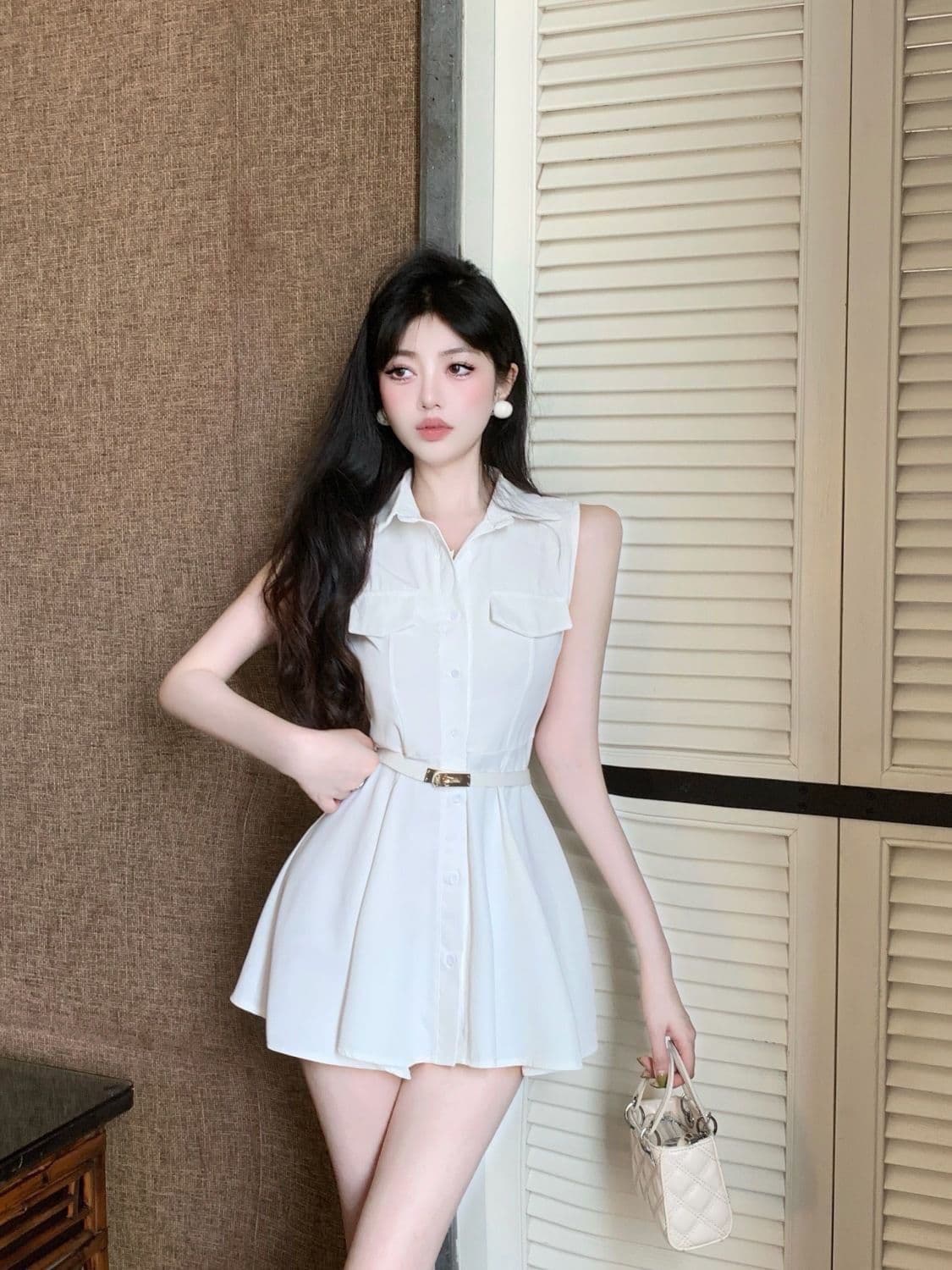 여름 2026 프랑스식 POLO 칼라 자매 바람 디자인 센스 민소매 허리 수축 슬림해 보이는 셔츠 드레스 벨트 포함 상세 이미지 14