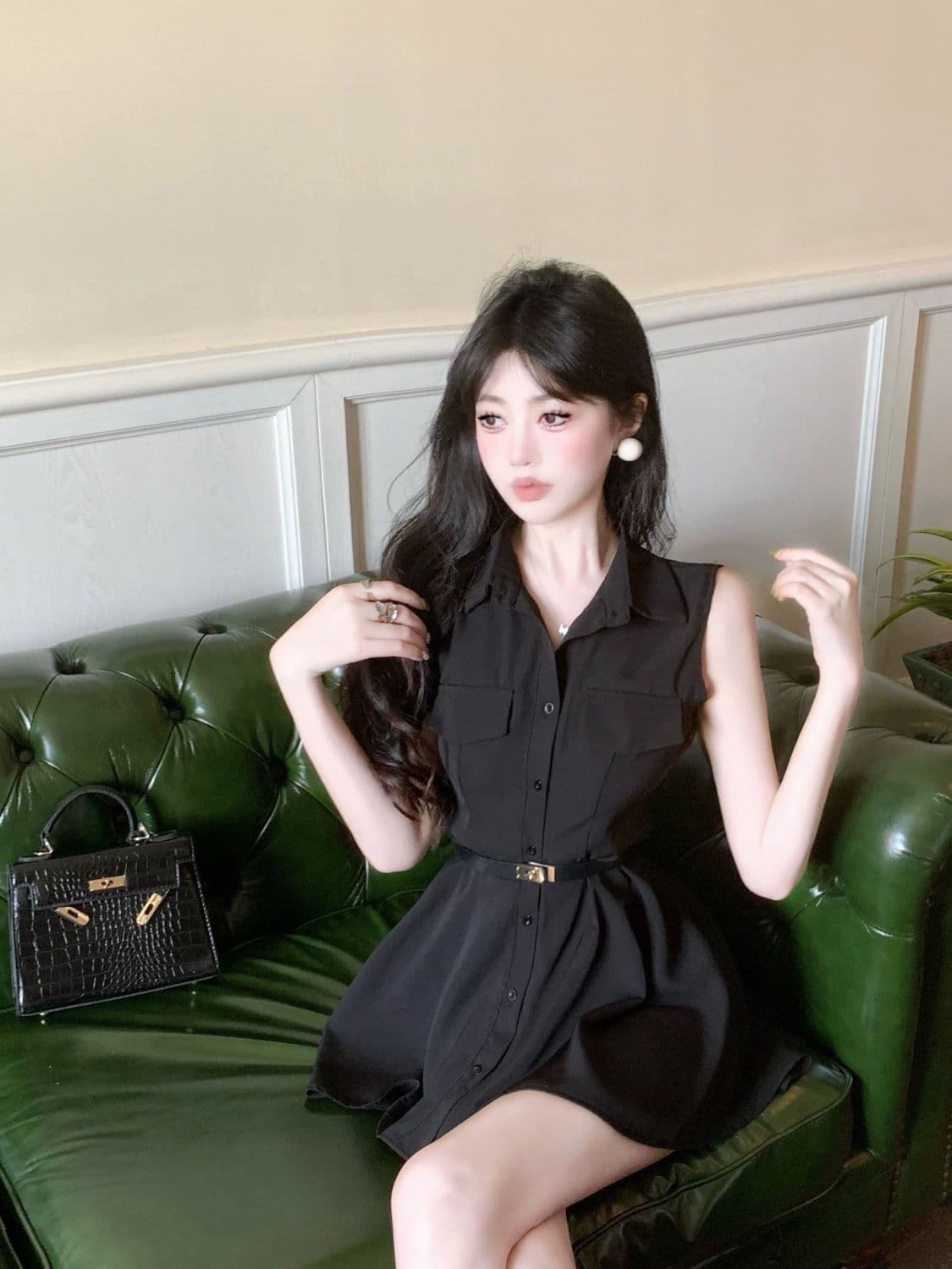 여름 2026 프랑스식 POLO 칼라 자매 바람 디자인 센스 민소매 허리 수축 슬림해 보이는 셔츠 드레스 벨트 포함 상세 이미지 21