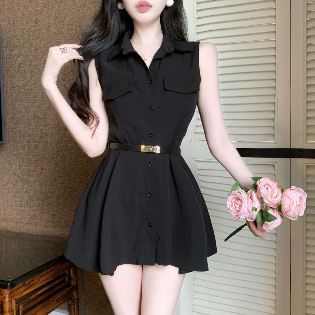 여름 2026 프랑스식 POLO 칼라 자매 바람 디자인 센스 민소매 허리 수축 슬림해 보이는 셔츠 드레스 벨트 포함 상세 이미지 22