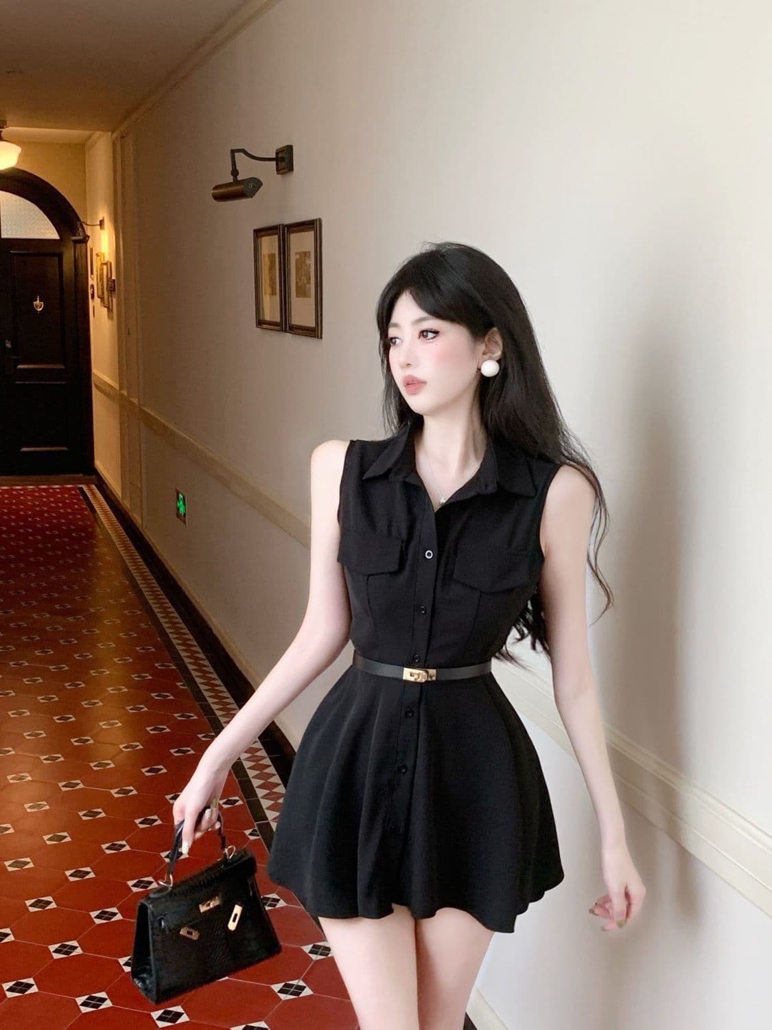 여름 2026 프랑스식 POLO 칼라 자매 바람 디자인 센스 민소매 허리 수축 슬림해 보이는 셔츠 드레스 벨트 포함 상세 이미지 28