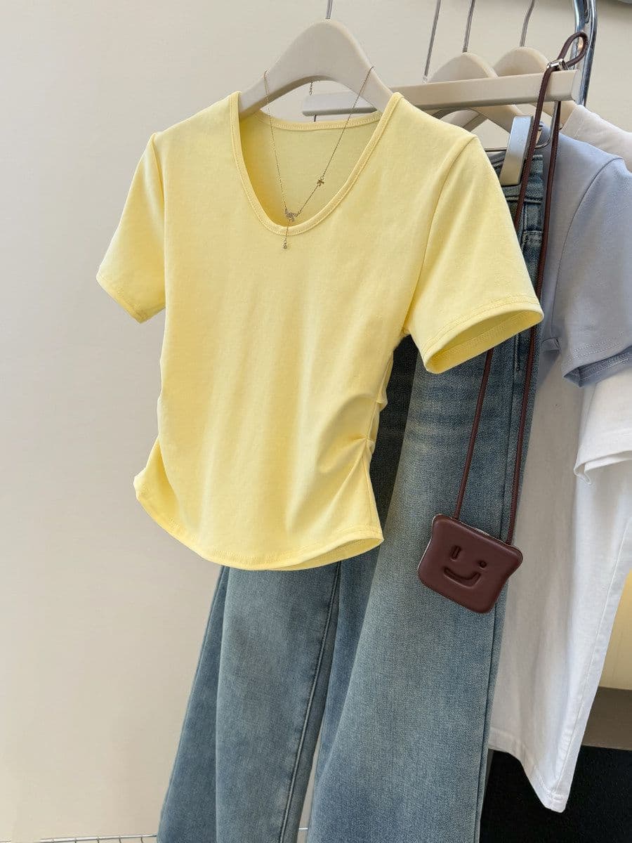 한국 스타일 긍정적 인 어깨 V넥 반팔 티셔츠 여성 여름 새로운 한국 스타일 몸매 가꾸기 기본 셔츠 인사이드 가져 가라. 허리 수축 반소매 맨위 트렌디 상세 이미지 5