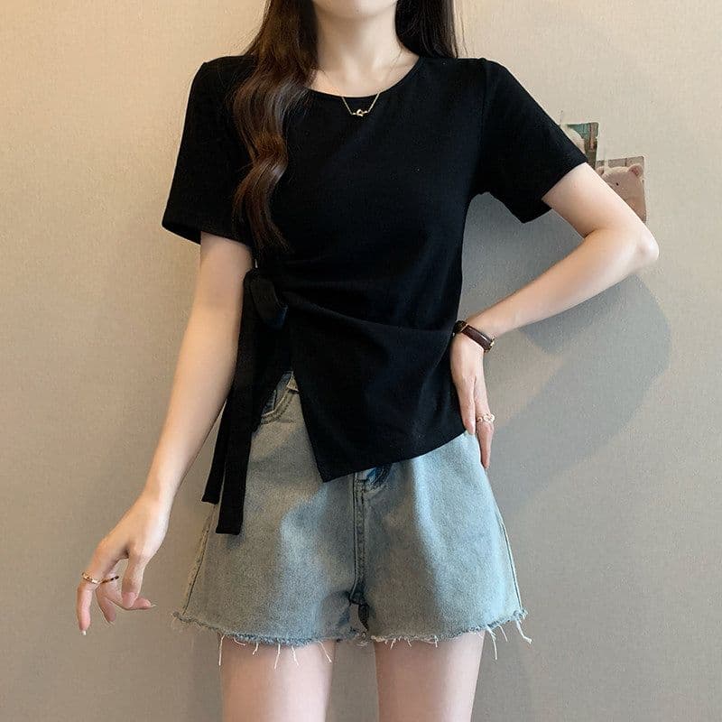 파란색 불규칙 반팔 티셔츠 여성 여름 2026 새로운 패션 표지 고기 슬림해 보이는 라운드 넥 긍정적 인 어깨 동정 맨위 상세 이미지 8