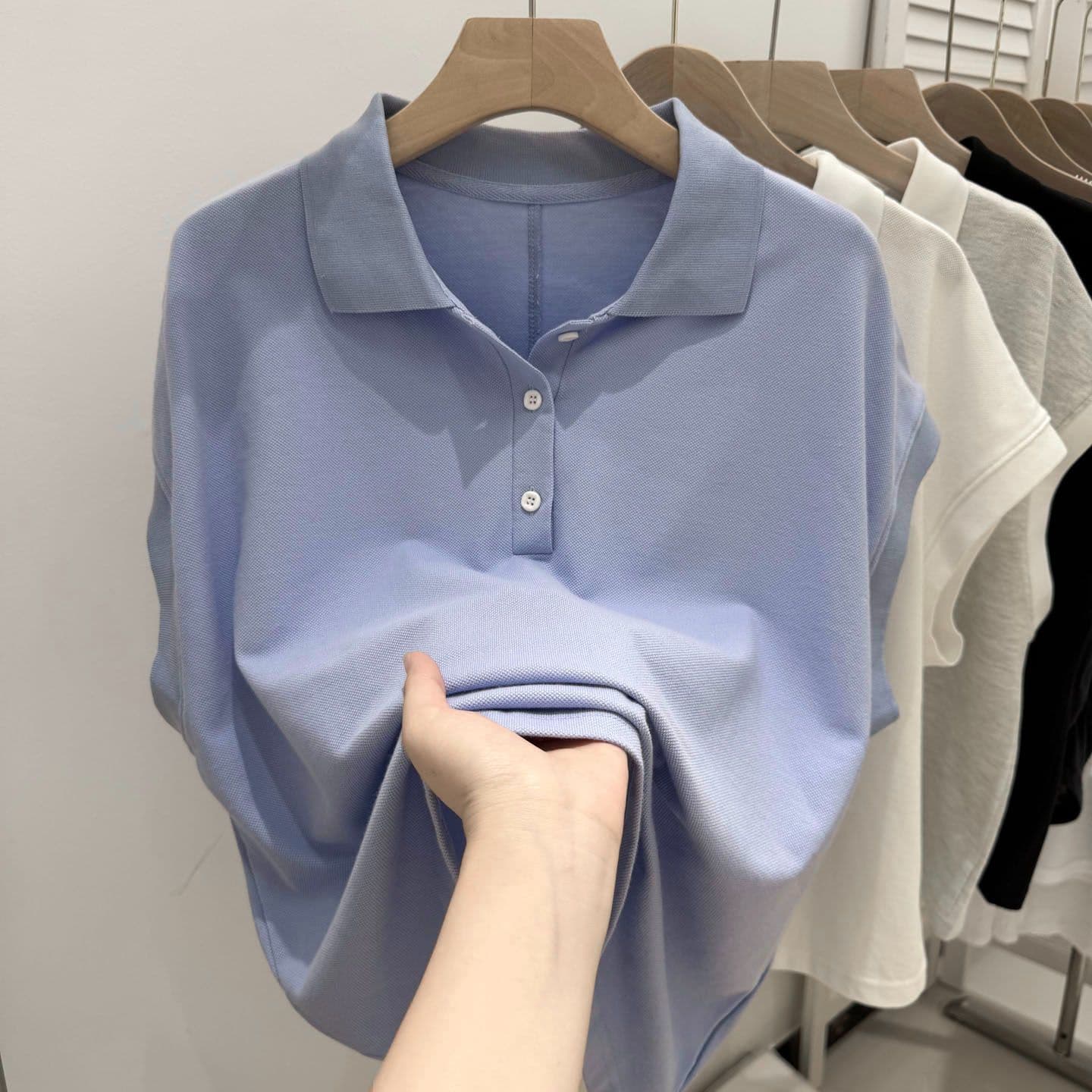 실사 POLO 칼라 반팔 티셔츠 여성 여름 루즈핏 한국 스타일 작은 키 쇼트 스타일 긍정적 인 어깨 폴로 칼라 삽입 어깨 소매 맨위 이미지 5