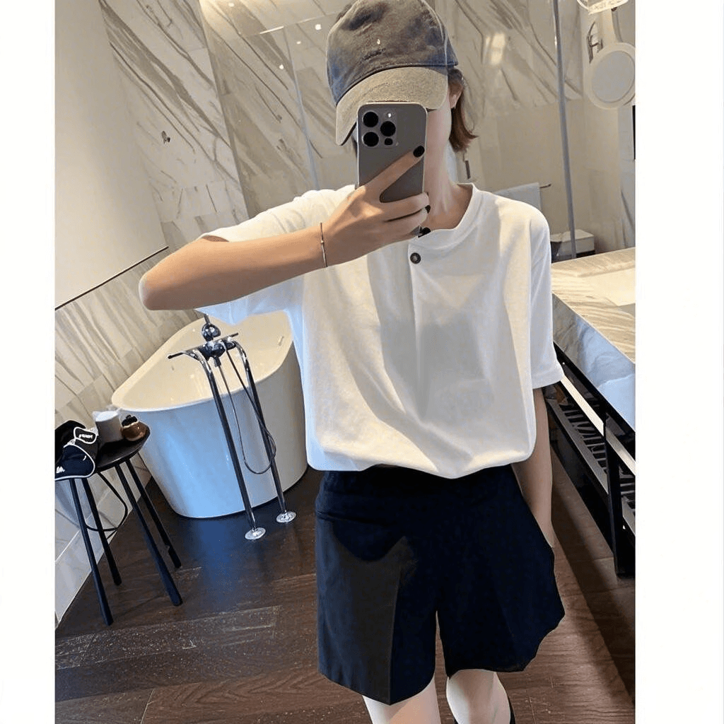 한국 스타일 패션 미니멀리즘 화이트 반팔 티셔츠 여성 여름 디자인 센스 작은 대중 루즈핏 동정 캐주얼 맨위 상세 이미지 6