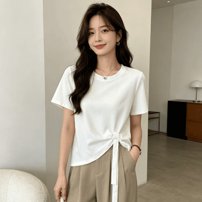 실사 한국 스타일 빅 사이즈 마이크로 지방 라운드 넥 반팔 티셔츠 여성 여름 슬림해 보이는 순수한 욕망 다용도 아메리칸 핫걸 맨위 상세 이미지 7