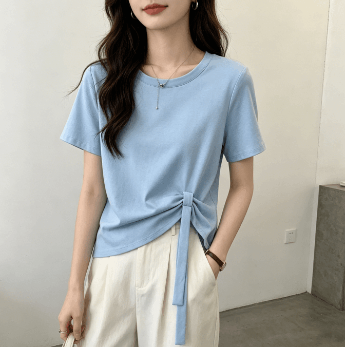 실사 한국 스타일 빅 사이즈 마이크로 지방 라운드 넥 반팔 티셔츠 여성 여름 슬림해 보이는 순수한 욕망 다용도 아메리칸 핫걸 맨위 상세 이미지 12