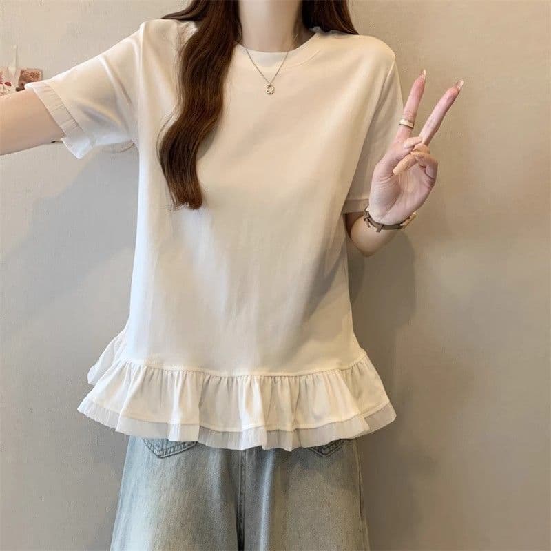 빅 사이즈 여성 의류 디자인 센스 긍정적 인 어깨 프릴 반팔 티셔츠 여성 여름 통통한 여동생 슬림해 보이는 다용도 작은 대중 맨위 상세 이미지 6