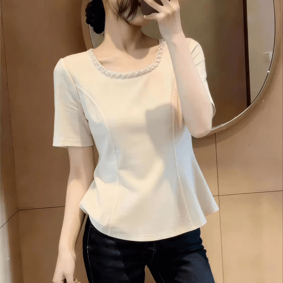 프랑스식 작은 샤넬 스타일 무거운 작업 비즈 박기 반팔 맨위 여성 여름 빅 사이즈 통통한 여동생 빛 요리 한 품격 다용도 슬림해 보이는 티셔츠 이미지 3