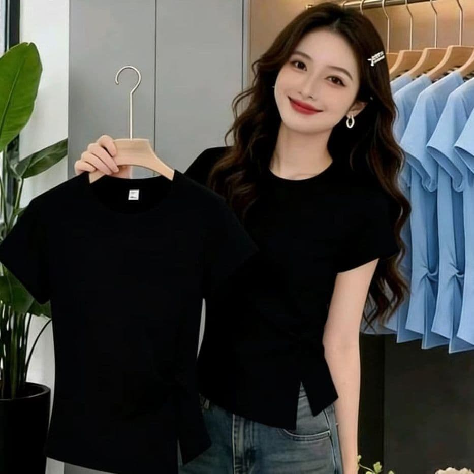 한 부서 라운드 넥 비틀림 트임 반팔 티셔츠 여성 2026 여름 새로운 몸매 가꾸기 슬림해 보이는 다용도 외국 가스 맨위 트렌디 상세 이미지 5
