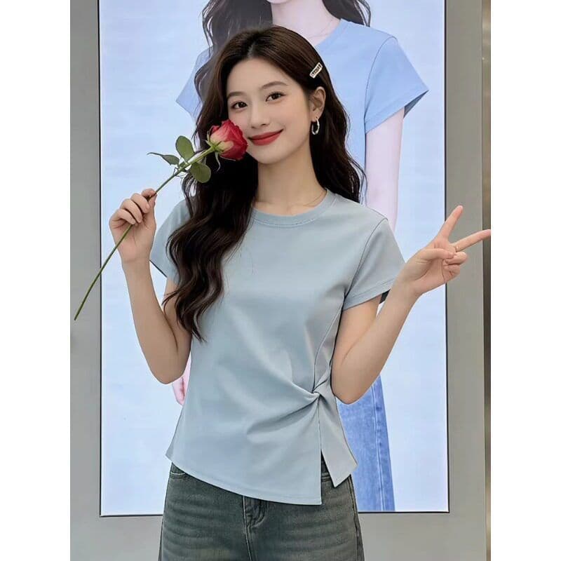 한 부서 라운드 넥 비틀림 트임 반팔 티셔츠 여성 2026 여름 새로운 몸매 가꾸기 슬림해 보이는 다용도 외국 가스 맨위 트렌디 상세 이미지 8