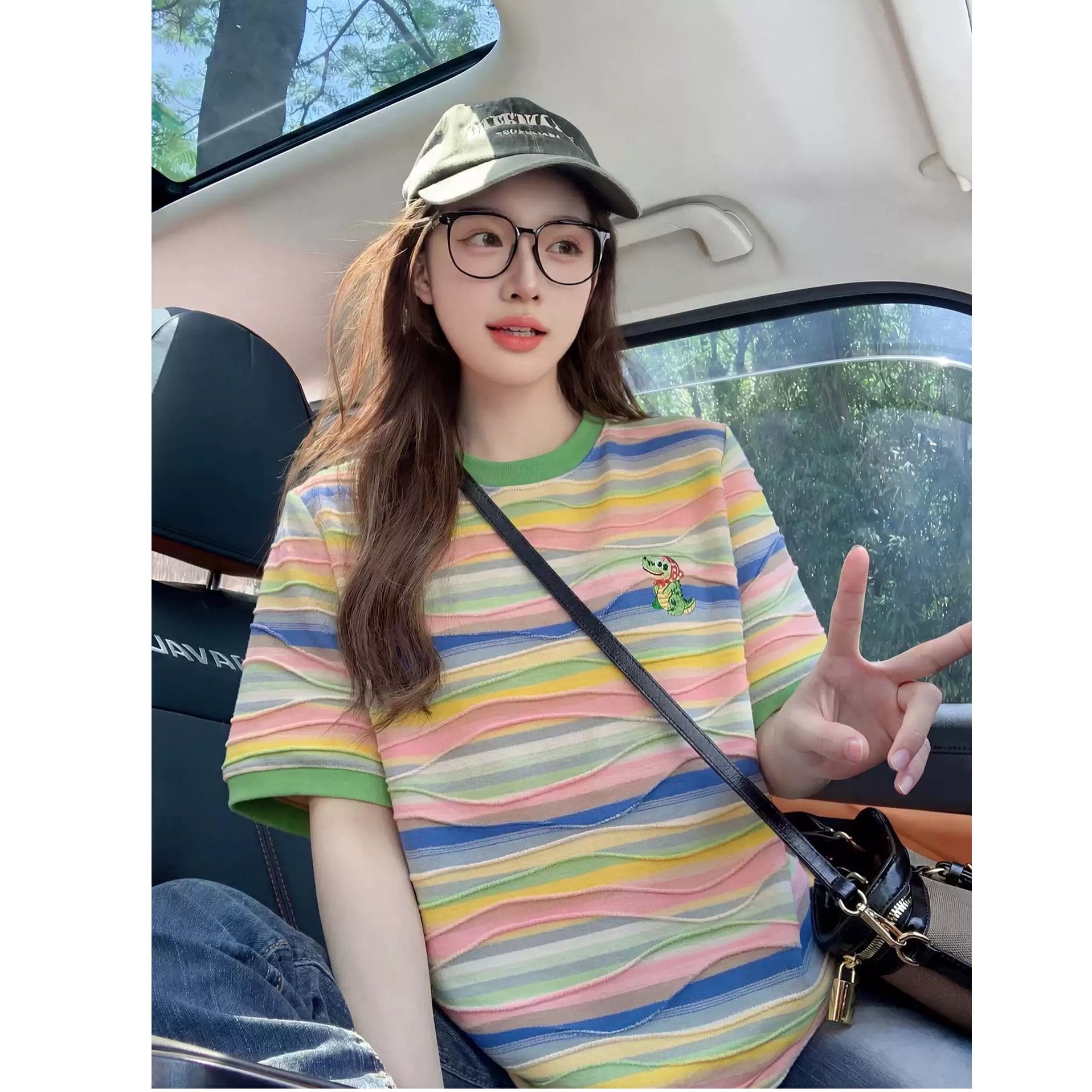 한국 스타일 순수한 빅 사이즈 면 자카드 스트라이프 티셔츠 여성용 짧은 소매 여름 새로운 한국 스타일 청춘 연령 감소 패션 맨위 여성 이미지 5