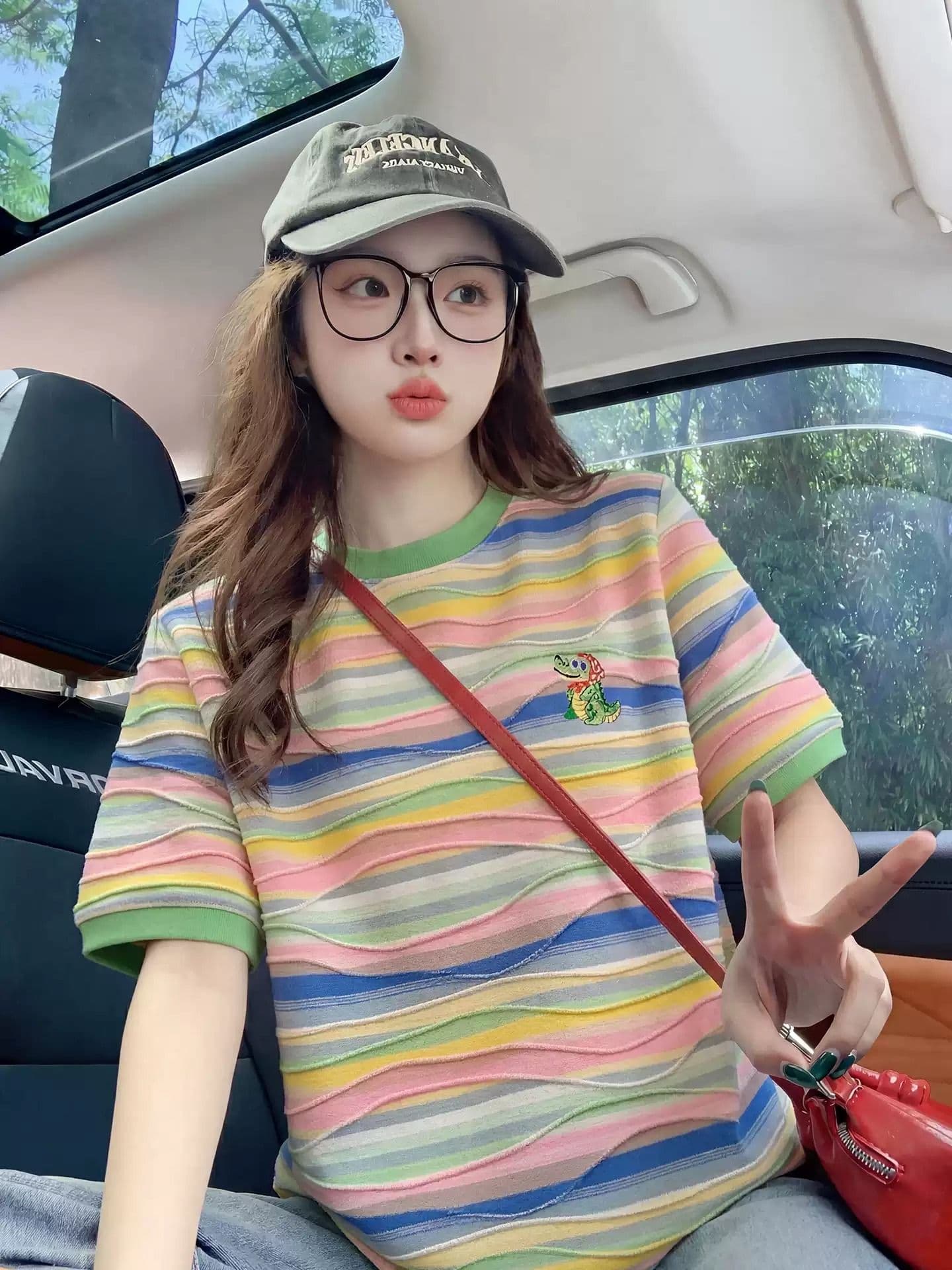 한국 스타일 순수한 빅 사이즈 면 자카드 스트라이프 티셔츠 여성용 짧은 소매 여름 새로운 한국 스타일 청춘 연령 감소 패션 맨위 여성 상세 이미지 1