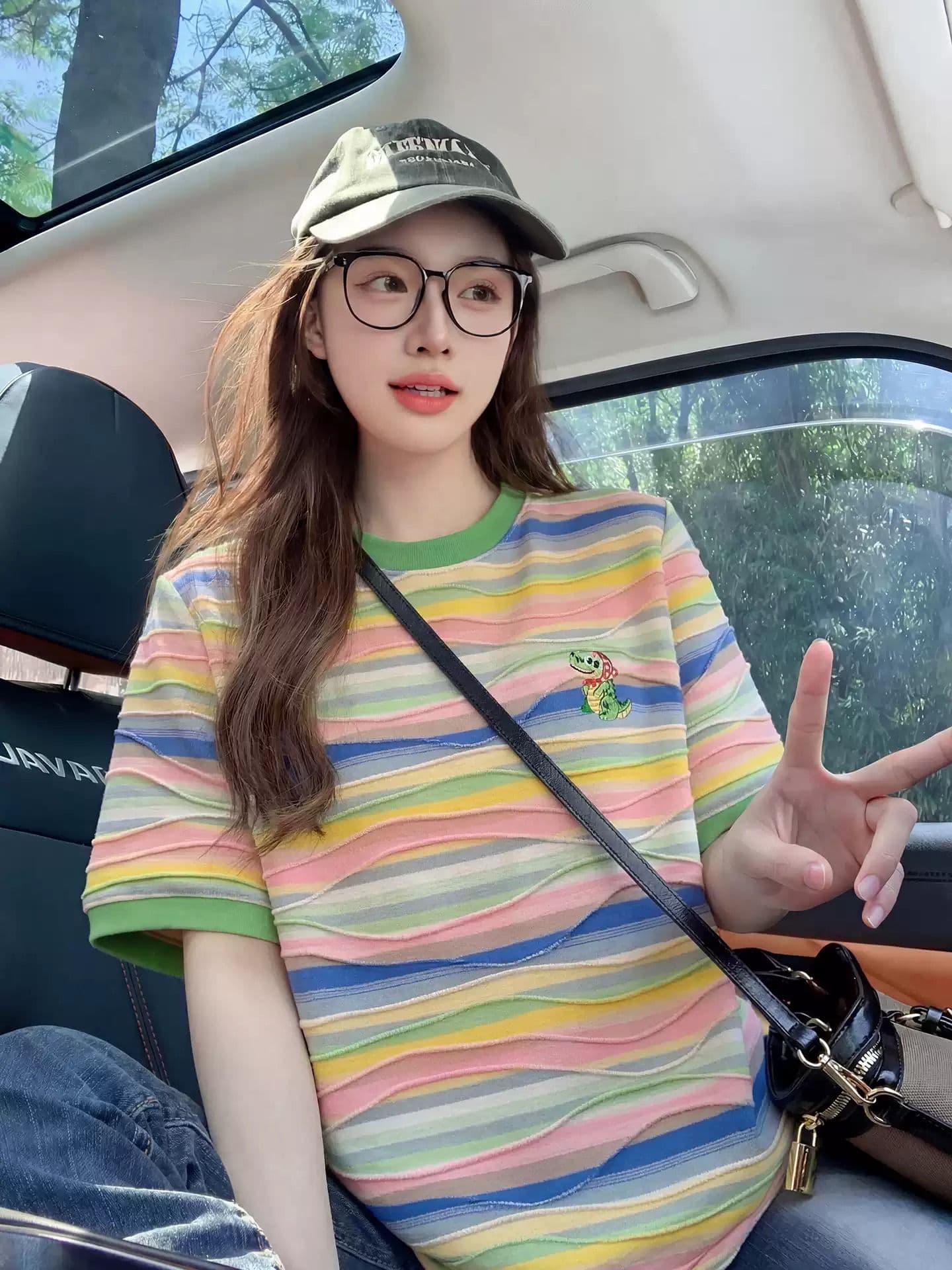 한국 스타일 순수한 빅 사이즈 면 자카드 스트라이프 티셔츠 여성용 짧은 소매 여름 새로운 한국 스타일 청춘 연령 감소 패션 맨위 여성 상세 이미지 3