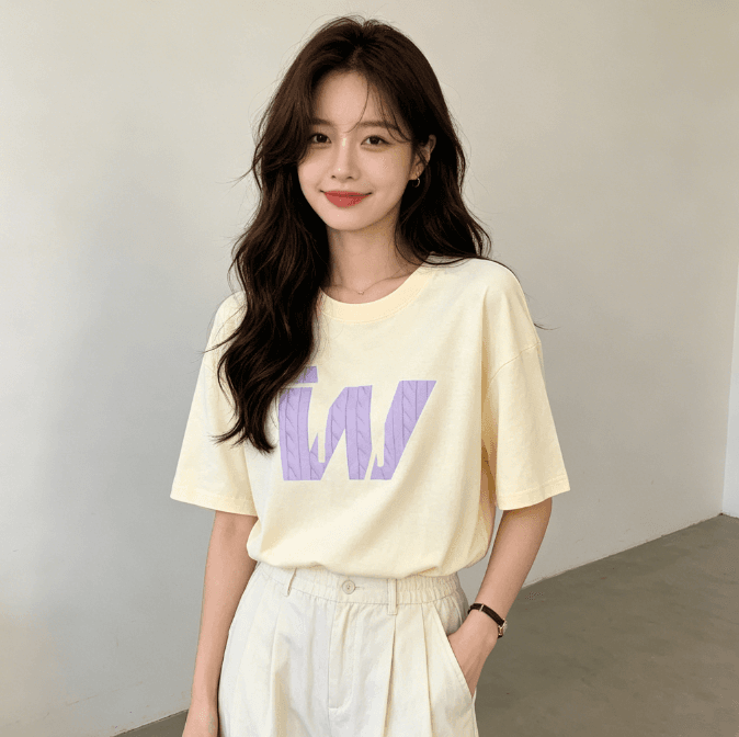 실사 한 부서 순면 빅 사이즈 한국 스타일 루즈핏 캐주얼 프린트 티셔츠 여름 새로운 다용도 가을 어깨 반팔 여성 상세 이미지 3