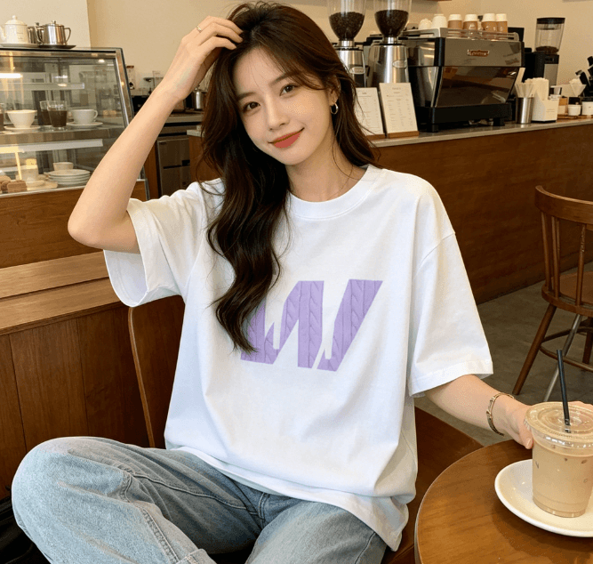 실사 한 부서 순면 빅 사이즈 한국 스타일 루즈핏 캐주얼 프린트 티셔츠 여름 새로운 다용도 가을 어깨 반팔 여성 상세 이미지 4