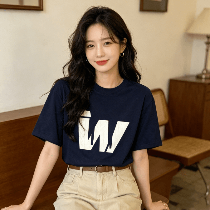 실사 한 부서 순면 빅 사이즈 한국 스타일 루즈핏 캐주얼 프린트 티셔츠 여름 새로운 다용도 가을 어깨 반팔 여성 상세 이미지 6