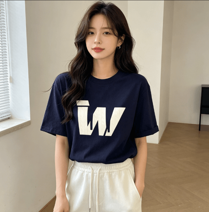 실사 한 부서 순면 빅 사이즈 한국 스타일 루즈핏 캐주얼 프린트 티셔츠 여름 새로운 다용도 가을 어깨 반팔 여성 상세 이미지 7