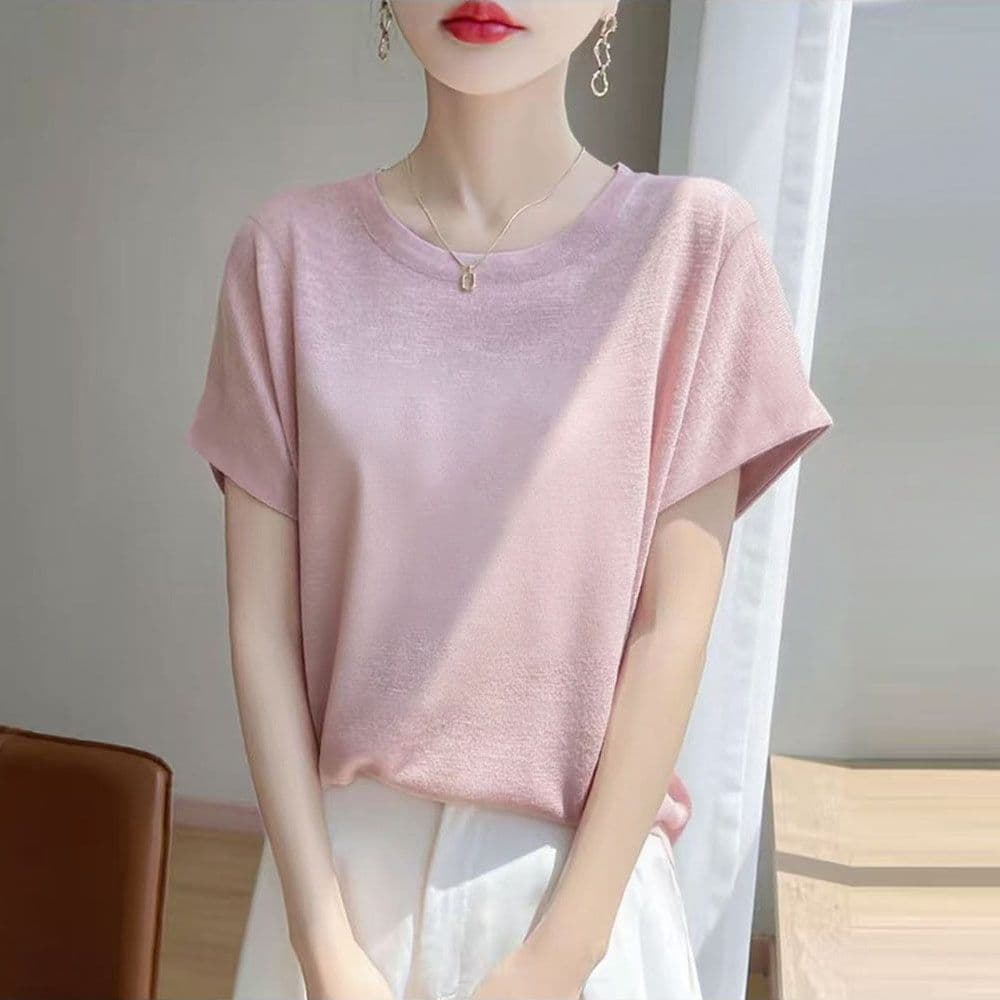 한국 스타일 눈꽃 면 반팔 티셔츠 여성 여름 드레스 2025 새로운 빅 사이즈 루즈핏 슬림해 보이는 표지 배 단색 맨위 이미지 2