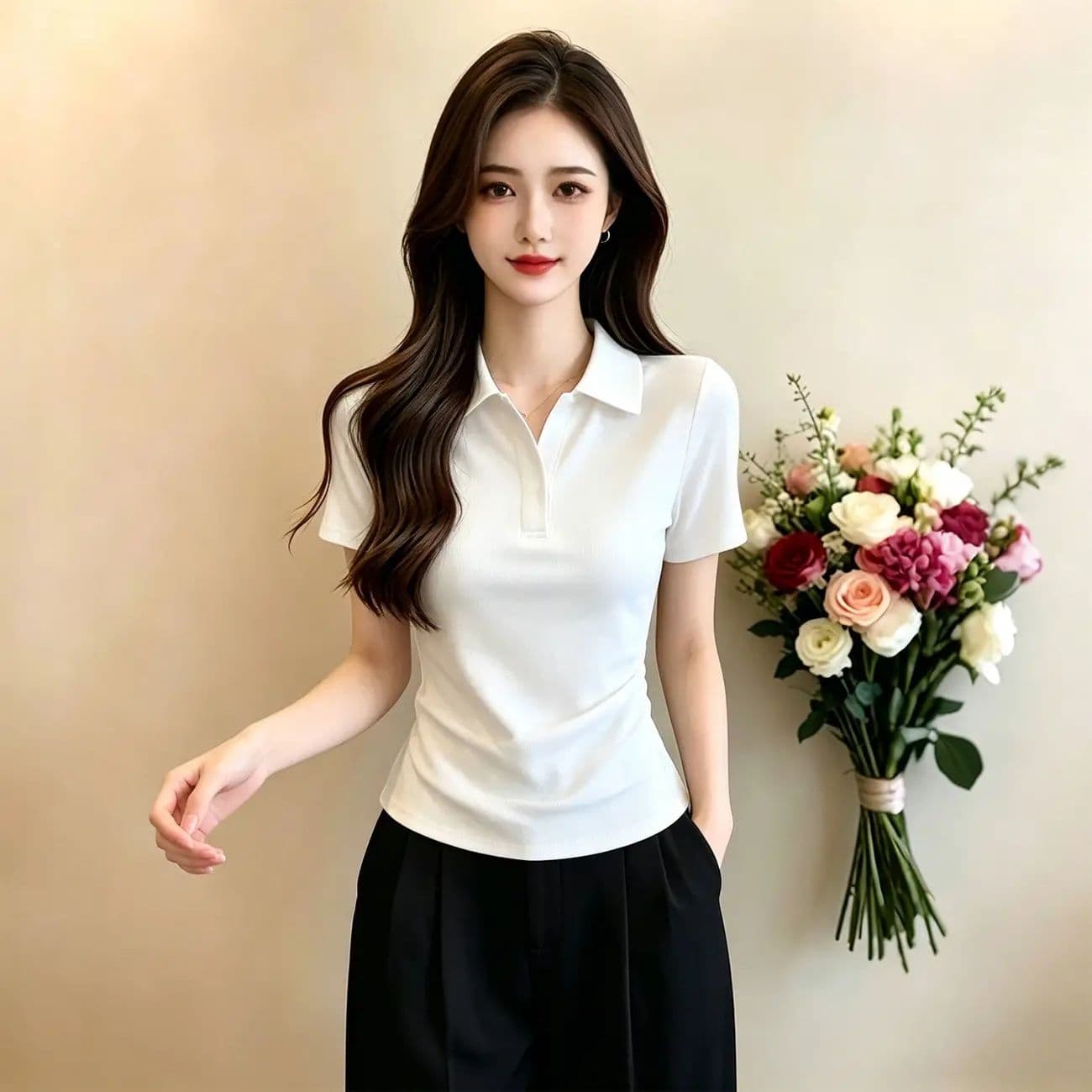 한국 스타일 V넥 POLO 셔츠 반팔 티셔츠 여성 2026 년 여름 새로운 몸매 가꾸기 슬림해 보이는 허리 수축 핫걸 긍정적 인 어깨 의류 상세 이미지 3