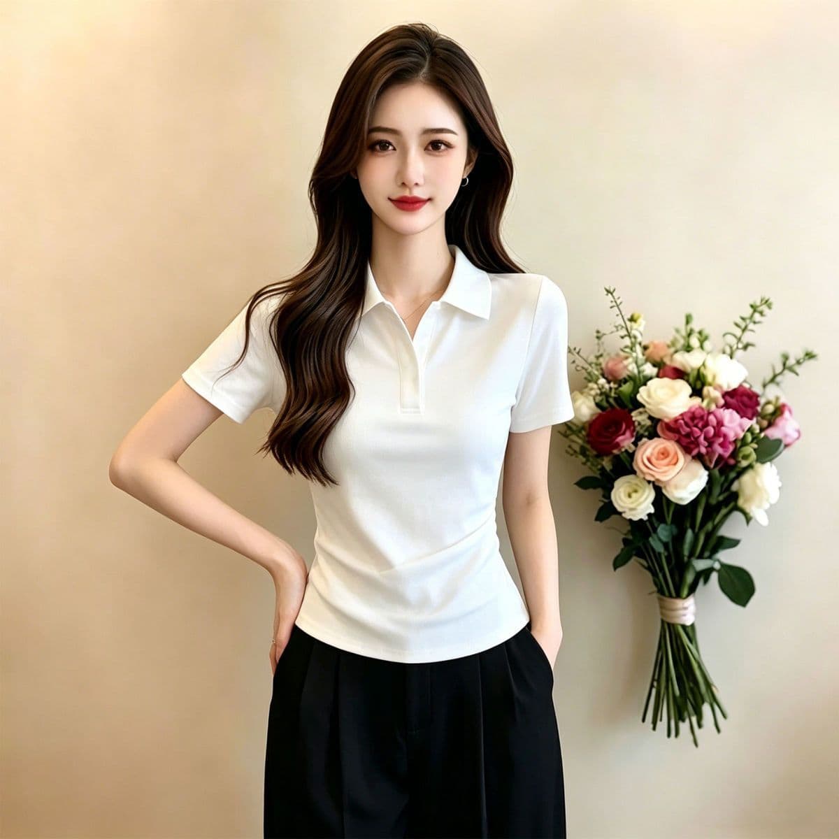 한국 스타일 V넥 POLO 셔츠 반팔 티셔츠 여성 2026 년 여름 새로운 몸매 가꾸기 슬림해 보이는 허리 수축 핫걸 긍정적 인 어깨 의류 상세 이미지 5