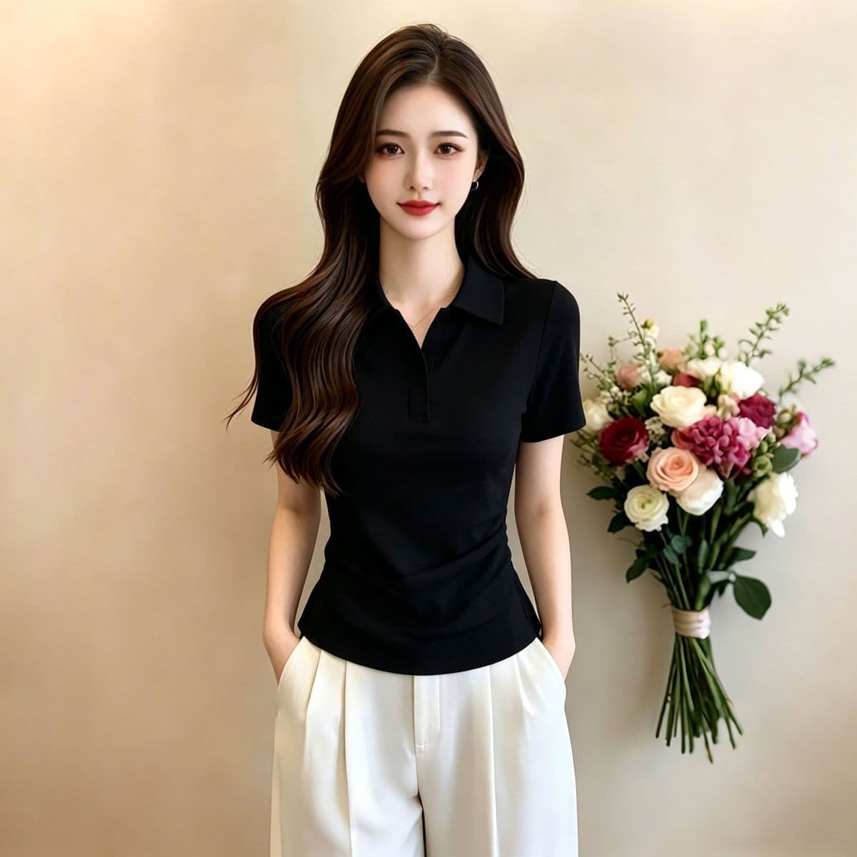 한국 스타일 V넥 POLO 셔츠 반팔 티셔츠 여성 2026 년 여름 새로운 몸매 가꾸기 슬림해 보이는 허리 수축 핫걸 긍정적 인 어깨 의류 상세 이미지 8