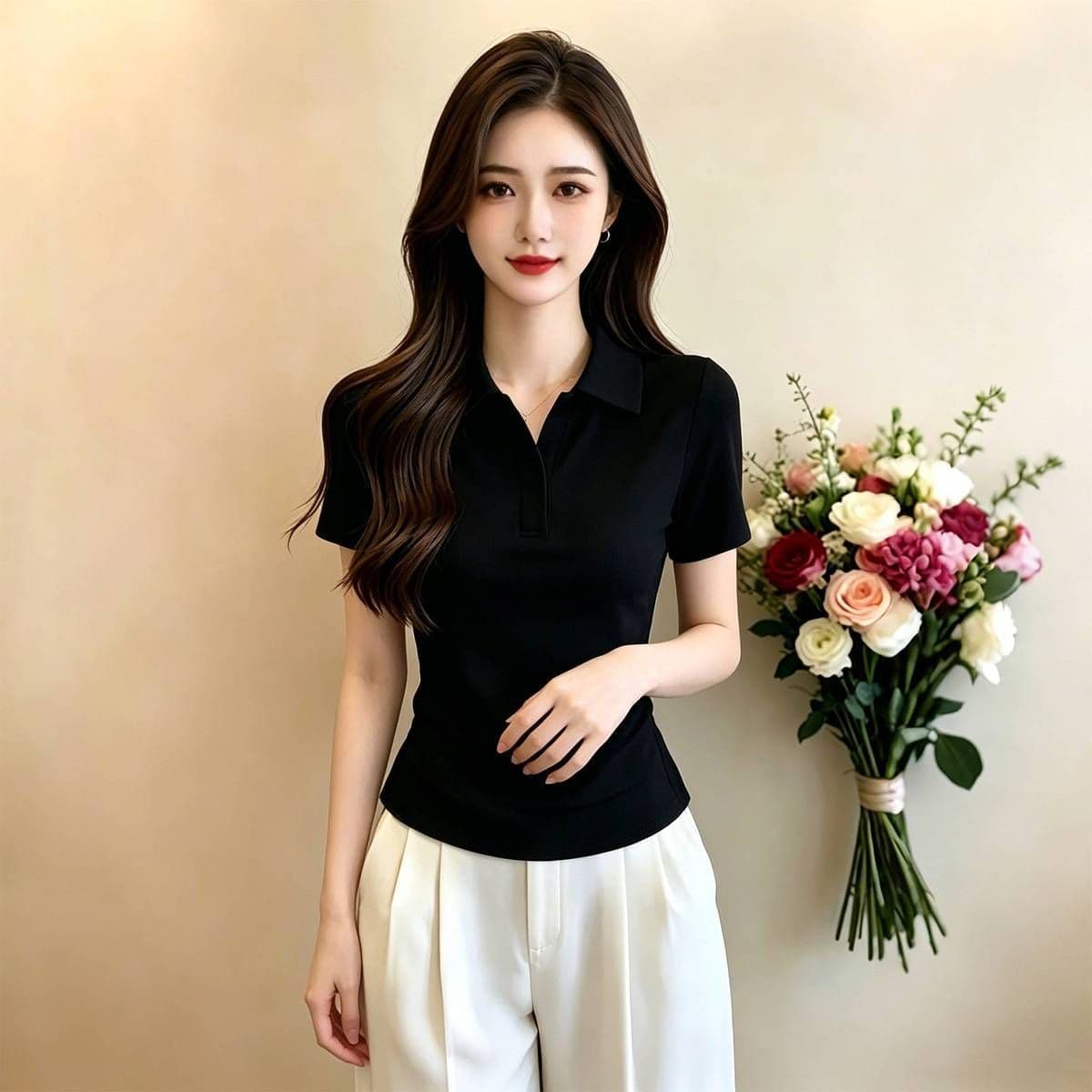 한국 스타일 V넥 POLO 셔츠 반팔 티셔츠 여성 2026 년 여름 새로운 몸매 가꾸기 슬림해 보이는 허리 수축 핫걸 긍정적 인 어깨 의류 상세 이미지 10