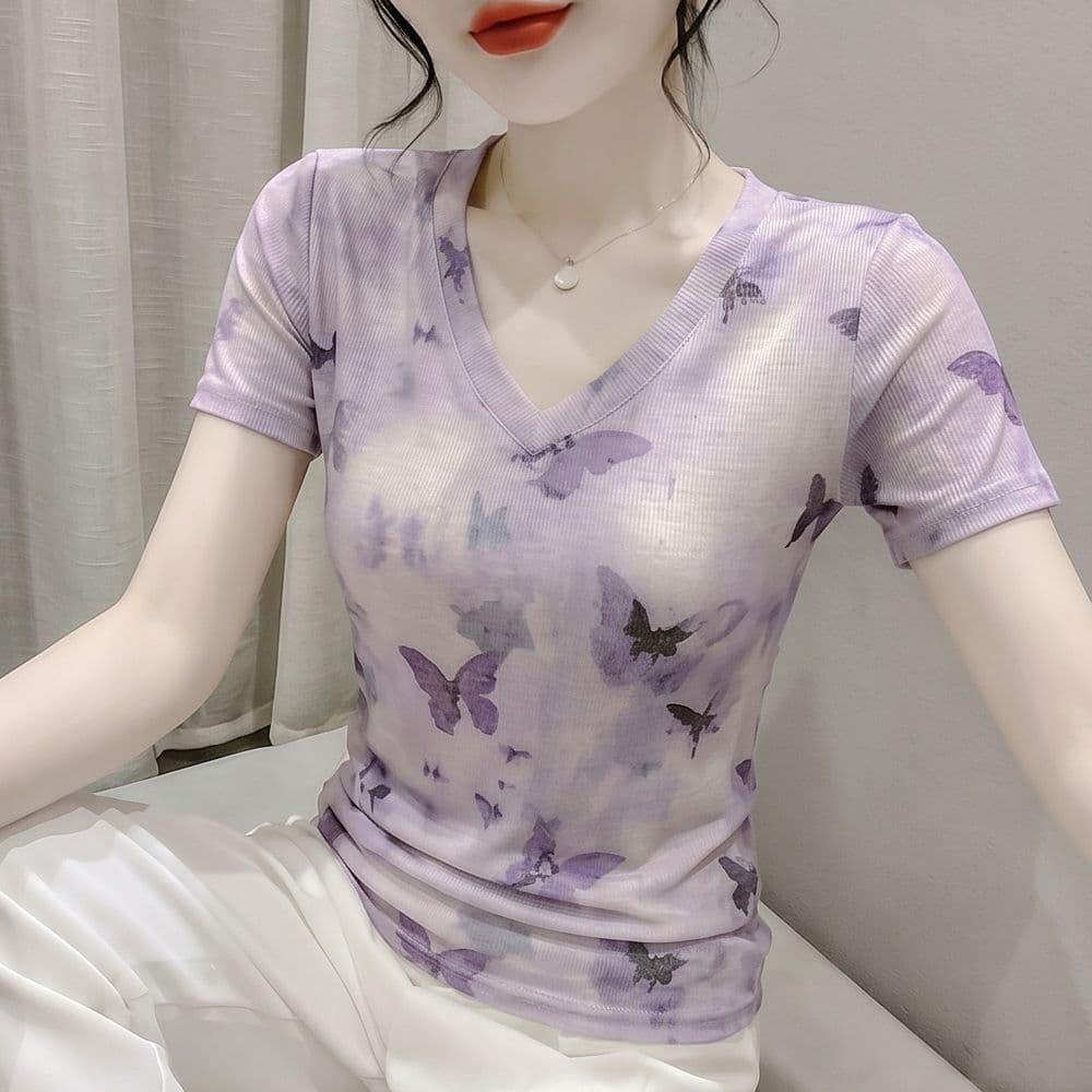 망사 폭발 얇은 스타일 반팔 티셔츠 새로운 패션 작은 대중 출퇴근 표지 배 품격 외국 가스 슬림해 보이는 다용도 꽃무늬 이미지 4