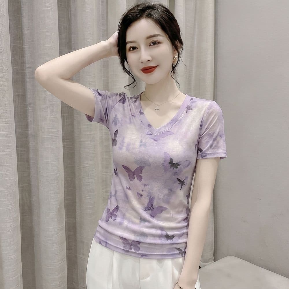 망사 폭발 얇은 스타일 반팔 티셔츠 새로운 패션 작은 대중 출퇴근 표지 배 품격 외국 가스 슬림해 보이는 다용도 꽃무늬 상세 이미지 4