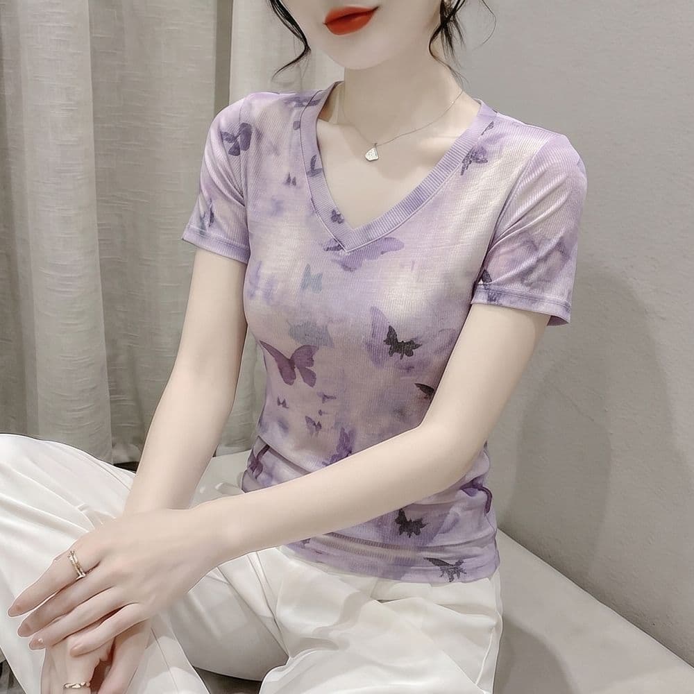 망사 폭발 얇은 스타일 반팔 티셔츠 새로운 패션 작은 대중 출퇴근 표지 배 품격 외국 가스 슬림해 보이는 다용도 꽃무늬 상세 이미지 5