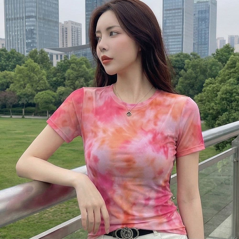 자외선 차단 이중층 망사 외국 가스 망사 반팔 티셔츠 새로운 품격 프린트 슬림해 보이는 라운드 넥 다용도 맨위 몸매 가꾸기 상세 이미지 1