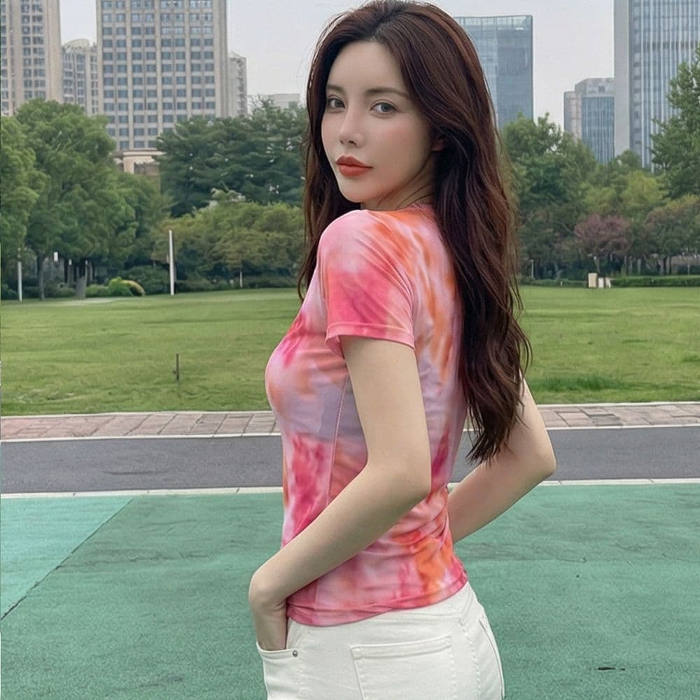 자외선 차단 이중층 망사 외국 가스 망사 반팔 티셔츠 새로운 품격 프린트 슬림해 보이는 라운드 넥 다용도 맨위 몸매 가꾸기 상세 이미지 4