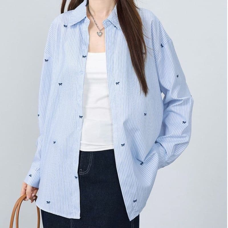 여름 자외선 차단 오픈 가디건 하늘색 기사 나비 프린트 여성 셔츠 oversize 루즈핏 캐주얼 다용도 셔츠 이미지 2