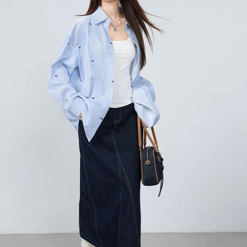 여름 자외선 차단 오픈 가디건 하늘색 기사 나비 프린트 여성 셔츠 oversize 루즈핏 캐주얼 다용도 셔츠 이미지 3