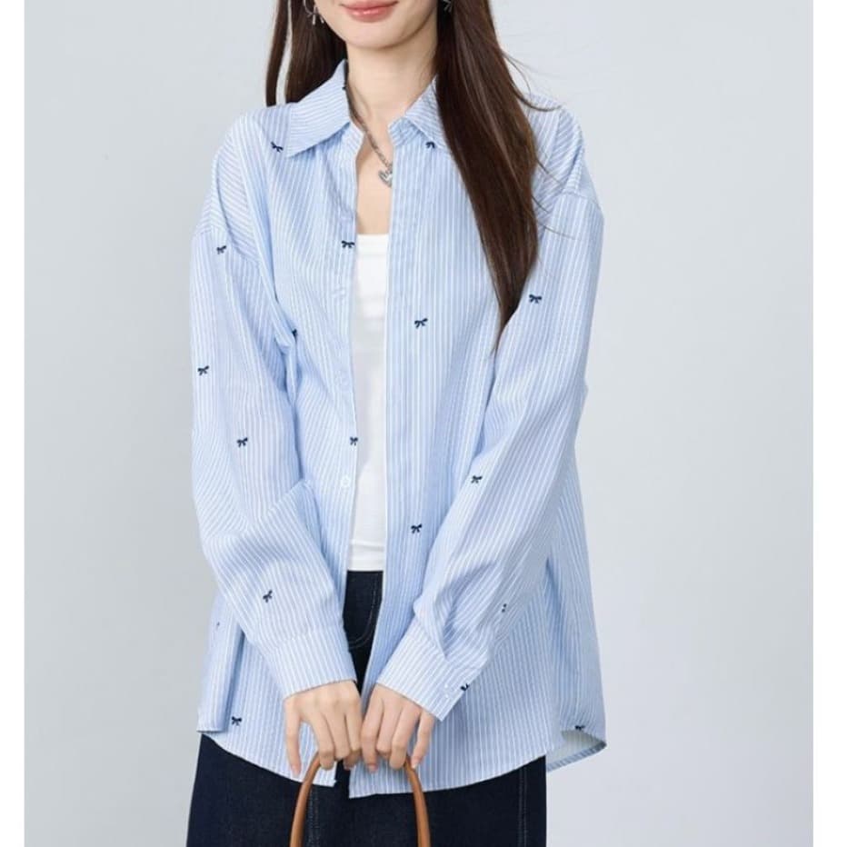 여름 자외선 차단 오픈 가디건 하늘색 기사 나비 프린트 여성 셔츠 oversize 루즈핏 캐주얼 다용도 셔츠