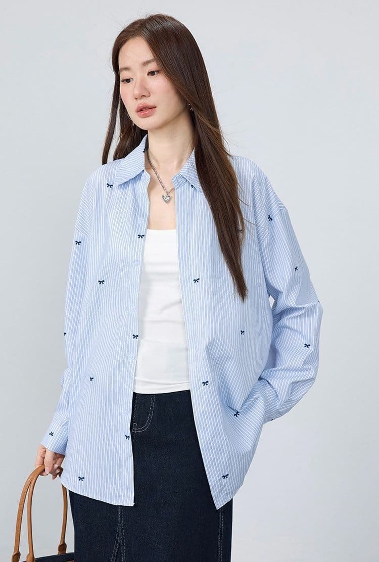 여름 자외선 차단 오픈 가디건 하늘색 기사 나비 프린트 여성 셔츠 oversize 루즈핏 캐주얼 다용도 셔츠 상세 이미지 2