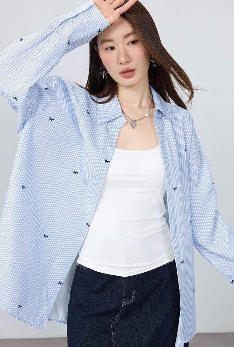 여름 자외선 차단 오픈 가디건 하늘색 기사 나비 프린트 여성 셔츠 oversize 루즈핏 캐주얼 다용도 셔츠 상세 이미지 3