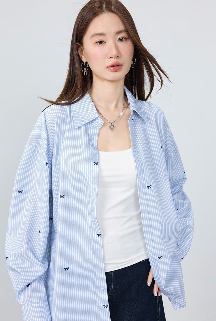 여름 자외선 차단 오픈 가디건 하늘색 기사 나비 프린트 여성 셔츠 oversize 루즈핏 캐주얼 다용도 셔츠 상세 이미지 5
