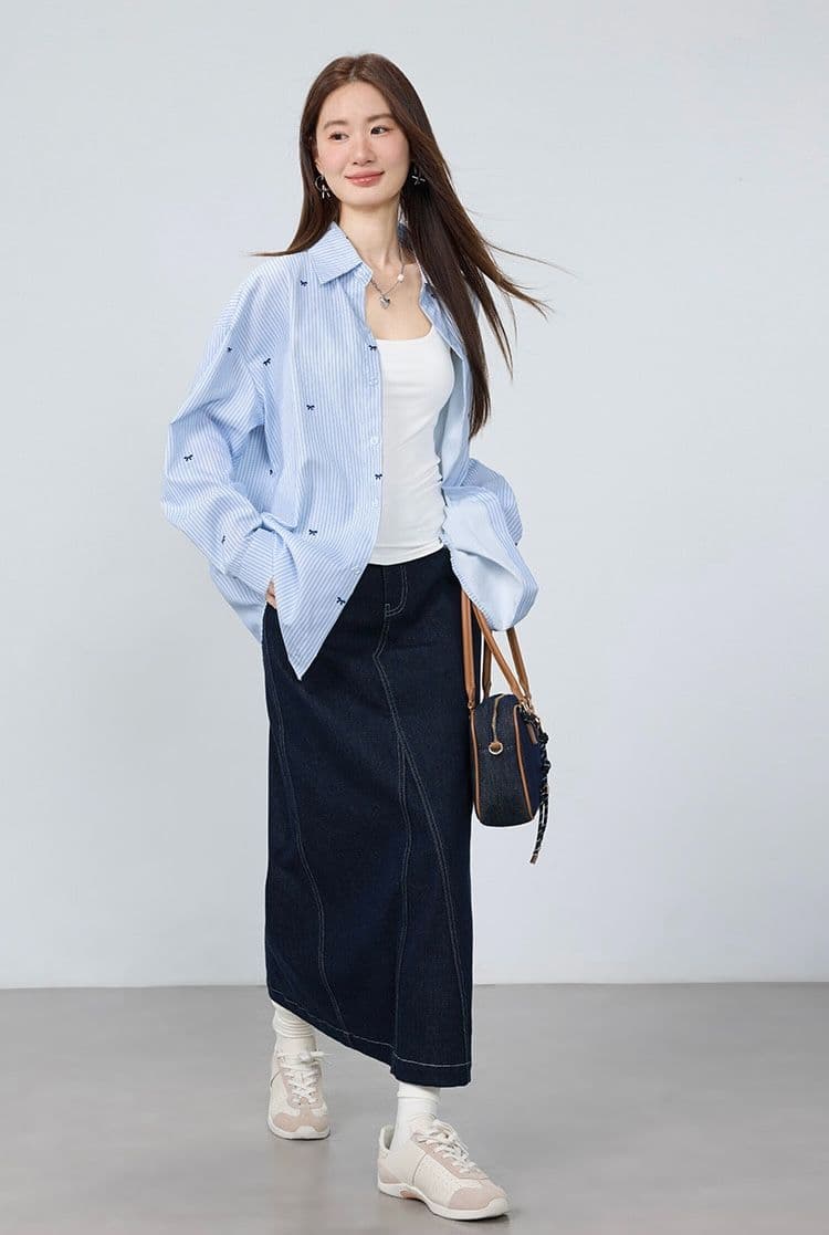 여름 자외선 차단 오픈 가디건 하늘색 기사 나비 프린트 여성 셔츠 oversize 루즈핏 캐주얼 다용도 셔츠 상세 이미지 6
