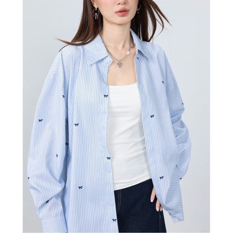 여름 자외선 차단 오픈 가디건 하늘색 기사 나비 프린트 여성 셔츠 oversize 루즈핏 캐주얼 다용도 셔츠 상세 이미지 10